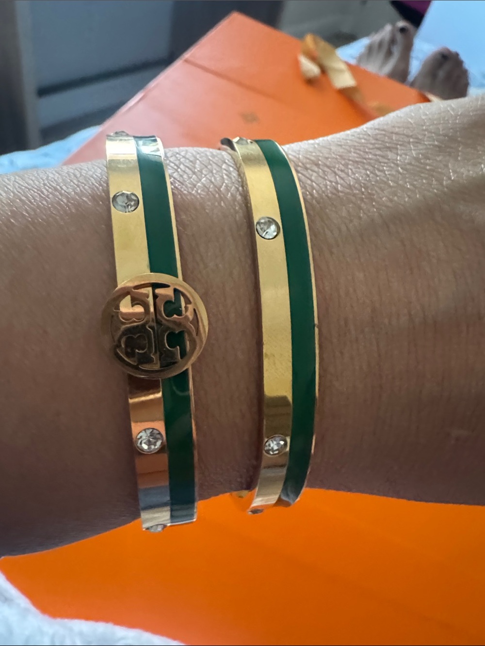 Gold-Tone and Green Enamel Bangle Set with Logo Medallion Bracelets